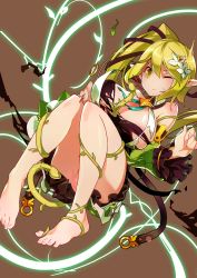 Rule 34 | 1girl, ^^^, absurdres, alicecrazy, areola slip, barefoot, belt, between toes, blonde hair, breasts, brown background, elf, elsword, feet, flower, glowing, hair flower, hair ornament, highres, large breasts, nail polish, no panties, pink nails, plant, pointy ears, rena erindel, shirt, side ponytail, simple background, solo, tentacles, toes, torn clothes, torn shirt, vine bondage, vine tentacle, vines, w arms, wince, wind sneaker (elsword), yellow eyes