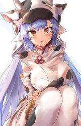 Rule 34 | 1girl, :o, absurdres, animal ears, animal print, blue hair, blunt bangs, blush, breasts, brown eyes, catura (granblue fantasy), cleavage, commentary request, cow ears, cow hat, cow print, detached sleeves, draph, earrings, granblue fantasy, highres, huge filesize, jewelry, large breasts, long hair, looking at viewer, see-through, shuucream (syuichi), solo, squatting, thighhighs, white thighhighs