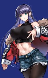 Rule 34 | 1girl, absurdres, blue eyes, breasts, casul, crop top, cross, cross earrings, denim, denim shorts, earrings, fate/grand order, fate (series), fur collar, highres, jacket, jacket partially removed, jewelry, large breasts, long hair, looking at viewer, martha (fate), pantyhose, purple background, purple hair, red jacket, shirt, shorts, simple background, sleeveless, sleeveless shirt, solo