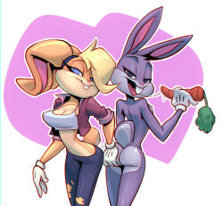Rule 34 | 1boy, 1girl, animal ears, ass, bigdad, blonde hair, blue eyes, breasts, buck teeth, bugs bunny, carrot, cleavage, clothed female nude male, crop top, curvy, eyelashes, food, fur trim, furry, gloves, grabbing another&#039;s ass, half-closed eyes, heart, holding, holding food, jacket, large breasts, lola bunny, long ears, looking at viewer, looney tunes, nude, open clothes, open jacket, open mouth, pants, rabbit, rabbit boy, rabbit ears, rabbit girl, rabbit tail, saliva, saliva trail, seductive smile, short hair, simple background, smile, source request, take your pick, teeth, tongue, torn clothes, torn pants, trap