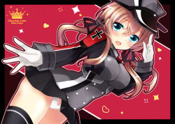 Rule 34 | 10s, 1girl, :d, anchor hair ornament, blue eyes, dutch angle, gloves, hair ornament, hat, ichiyou moka, kantai collection, light brown hair, long hair, looking at viewer, open mouth, panties, pantyshot, peaked cap, pleated skirt, prinz eugen (kancolle), skirt, smile, solo, twintails, underwear, white gloves, white panties