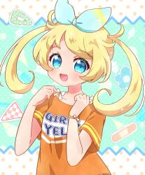 Rule 34 | 1girl, :d, bandaid, blonde hair, blue bow, blue eyes, blush, bow, chii (chi pppuri), clothes writing, commentary request, hair bow, hands up, highres, kiratto pri chan, long hair, looking at viewer, moegi emo, open mouth, orange shirt, pretty series, shirt, short sleeves, smile, solo, standing, t-shirt, twintails, upper body