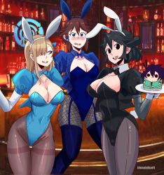 Rule 34 | 3girls, animal ears, aqua bow, aqua bowtie, aqua leotard, asuna (blue archive), asuna (bunny) (blue archive), black bow, black bowtie, black hair, black leotard, blonde hair, blue archive, blue bow, blue bowtie, blue leotard, blush, borrowed character, bottle, bow, bowtie, breasts, brown hair, character request, cleavage, crossover, deanialsart, fake animal ears, fishnet legwear, fishnets, freckles, hair over one eye, highres, indoors, juliet sleeves, large breasts, leotard, long hair, long sleeves, lucia (scott malin), medium hair, mole, mole on breast, multiple girls, open mouth, original, pantyhose, playboy bunny, puffy sleeves, rabbit ears, smile, thighhighs, traditional bowtie, tray