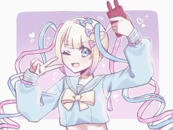 Rule 34 | 1girl, ;d, a4 (reimari890516), arm up, blonde hair, blue bow, blue eyes, blue hair, blue shirt, bow, chouzetsusaikawa tenshi-chan, cropped shirt, hair bow, hair ornament, hand up, heart, heart hair ornament, highres, holding, holding phone, long hair, long sleeves, looking at viewer, midriff, multicolored hair, multiple hair bows, needy girl overdose, one eye closed, open mouth, phone, pink bow, pink hair, purple bow, quad tails, sailor collar, selfie, shirt, smile, solo, upper body, v, yellow bow