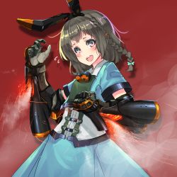 Rule 34 | 1girl, aqua bow, aqua dress, blush, bow, braid, brown hair, clenched hand, collared shirt, dress, fighting stance, flying sweatdrops, gauntlets, gloves, hair bow, hair ribbon, hands up, headgear, highres, looking at viewer, oota youjo, open mouth, original, ribbon, shirt, short eyebrows, short hair, short sleeves, side braids, skirt, skirt set, smile, solo, teeth, thrusters, tress ribbon, upper body