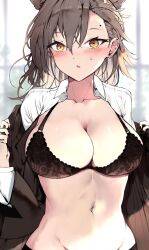 Rule 34 | 1girl, animal ears, arknights, black bra, black jacket, black nails, blurry, blurry background, bra, breasts, brown eyes, brown hair, cleavage, collared shirt, day, extra ears, fingernails, hair between eyes, highres, jacket, kyuu (plastic night q), large breasts, mole on forehead, navel, open clothes, penance (arknights), shirt, underwear, undressing, upper body, white shirt, window, wolf ears, wolf girl