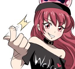 Rule 34 | 1girl, black shirt, choker, clothing cutout, hair ornament, hat, hecatia lapislazuli, highres, long hair, red eyes, red hair, remyfive, shirt, shoulder cutout, sketch, smile, smug, snapping fingers, straight hair, touhou, white background