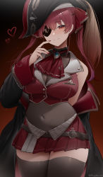Rule 34 | 1girl, absurdres, bare shoulders, cleavage, closed mouth, covered navel, cowboy shot, eyepatch, hat, highres, hololive, houshou marine, long hair, looking at viewer, pirate hat, red background, red eyes, red hair, see-through, see-through cleavage, shibuya (kurokamishain), smile, solo, thighhighs, thighs, twitter username, virtual youtuber, zettai ryouiki