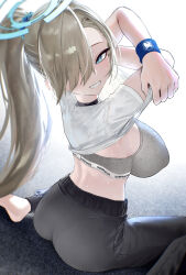 Rule 34 | 1girl, absurdres, ass, asuna (blue archive), barefoot, black pants, blue archive, blue eyes, blush, bra, breasts, choker, clothes lift, grey bra, grin, hair ornament, hair over one eye, hair scrunchie, halo, highres, kazane-wind, large breasts, light brown hair, long hair, looking at viewer, looking back, pants, ponytail, scrunchie, shirt, short sleeves, sitting, smile, solo, sports bra, underwear, very long hair, wariza, white shirt, wristband, yoga pants