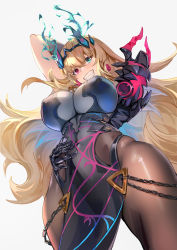 Rule 34 | 1girl, absurdres, arm behind back, arm behind head, arm up, armor, bare shoulders, black dress, black gloves, blonde hair, blush, breasts, brown pantyhose, chain, dress, earrings, elbow gloves, barghest (fate), barghest (second ascension) (fate), fate/grand order, fate (series), gauntlets, gloves, green eyes, grin, heterochromia, highres, horns, jewelry, large breasts, long hair, looking at viewer, necklace, pantyhose, pauldrons, pelvic curtain, red eyes, shoulder armor, single gauntlet, single pauldron, smile, solo, stretching, thighs, zuihou de miao pa si