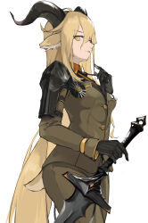 Rule 34 | 1girl, absurdres, ahoge, animal ear fluff, animal ears, arknights, arm strap, armor, asymmetrical sidelocks, belt chain, black gloves, black necktie, blonde hair, breasts, bright pupils, buttons, chain, chinese commentary, closed mouth, collared shirt, commentary request, cowboy shot, degenbrecher (arknights), dress shirt, from side, gloves, goat ears, goat girl, goat horns, goat tail, green jacket, green pants, hair between eyes, hair flowing over, hands up, high collar, highres, holding, holding necktie, holding sword, holding weapon, horns, index finger raised, jacket, lapels, light smile, lips, long bangs, long hair, long sleeves, looking at viewer, looking to the side, medal, medium breasts, military, military jacket, military uniform, necktie, notched lapels, orange shirt, pants, pauldrons, profile, qianzhaojihuajipao, shadow, shirt, shoulder armor, sidelocks, sideways glance, simple background, single pauldron, single shoulder pad, solo, standing, straight hair, sword, tail, uniform, very long hair, weapon, white background, white pupils, wing collar, yellow eyes
