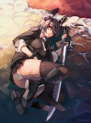 Rule 34 | 10s, 1girl, artist name, ass, beach, black footwear, black gloves, black hair, boots, breasts, cleavage, english text, eyepatch, fingerless gloves, gloves, hair ornament, headgear, highres, junkpuyo, kantai collection, large breasts, looking at viewer, lying, necktie, on side, panties, parted lips, partially submerged, purple hair, school uniform, short hair, skirt, solo, sweater, sword, tenryuu (kancolle), thighhighs, underwear, water, weapon, wet, white panties, yellow eyes