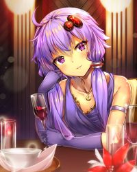 Rule 34 | 1girl, ahoge, alternate costume, bare shoulders, crescent, crescent necklace, cup, dress, drinking glass, fujino (yoshi9798174), hair ornament, holding, holding cup, jewelry, long hair, looking at viewer, necklace, purple dress, purple eyes, purple hair, red wine, short hair with long locks, smile, solo, twintails, voiceroid, wine glass, yuzuki yukari