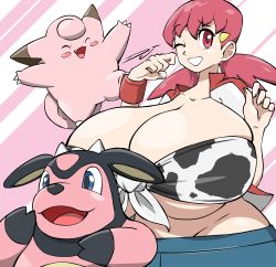 Rule 34 | 1girl, absurdres, animal print, artist request, breasts, clefairy, cow print, creatures (company), game freak, gen 1 pokemon, gen 2 pokemon, gigantic breasts, grin, gym leader, hair ornament, hairpin, highres, matching hair/eyes, miltank, nintendo, one eye closed, open clothes, open shirt, pink eyes, pink hair, pokemon, pokemon hgss, skindentation, smile, teeth, twintails, whitney (pokemon), wide hips, wink, wristband