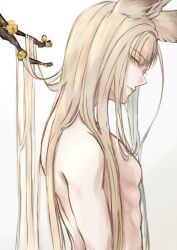 Rule 34 | 1boy, animal ears, blonde hair, blunt bangs, branch, closed mouth, erune, expressionless, flower, from side, granblue fantasy, hair down, hk nh3cooh, long hair, looking at viewer, lu woh (granblue fantasy), male focus, profile, sideways glance, simple background, solo, toned, toned male, topless male, upper body, white background, yellow eyes, yellow flower