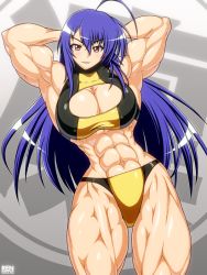 Rule 34 | 10s, 1girl, 2012, abs, ahoge, armpits, arms behind head, arms up, artist name, bare shoulders, biceps, blue hair, blush, breasts, cleavage, cleavage cutout, clothing cutout, crop top, dated, female focus, flexing, hair between eyes, huge breasts, impossible clothes, kurokami medaka, large breasts, long hair, looking at viewer, medaka box, midriff, muscular, muscular female, navel, parted lips, purple hair, red eyes, ren (tainca2000), shiny skin, skin tight, smile, solo, standing, thick thighs, thighs, thong, turtleneck