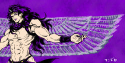 Rule 34 | 1boy, gradient background, jojo no kimyou na bouken, kars (jojo), male focus, manly, muscular, musubi (livnehe), one-hour drawing challenge, purple hair, solo, wings