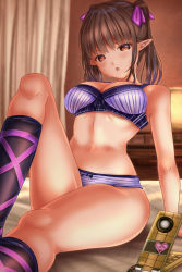 Rule 34 | 1girl, arm support, bare shoulders, bed, bow, bow bra, bow panties, bra, breasts, brown eyes, brown hair, cellphone, cleavage, curtains, eyebrows hidden by hair, feet out of frame, heart, highres, himekaidou hatate, large breasts, looking at viewer, medium breasts, navel, on bed, open mouth, panties, phone, pointy ears, short twintails, shounen (hogehoge), sitting, solo, sweat, thick thighs, thighs, touhou, twintails, underwear, underwear only