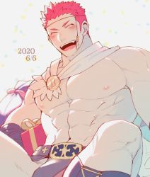 Rule 34 | 1boy, abs, ancient greek clothes, bara, birthday, blush, bulge, cape, closed eyes, gift, greco-roman clothes, hozu (hozumi), large pectorals, male focus, muscular, nipples, pectorals, pollux (housamo), red hair, revealing clothes, simple background, smile, solo, upper body