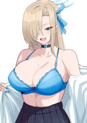 Rule 34 | 1girl, :d, asuna (blue archive), black choker, black skirt, blue archive, blue bra, blue eyes, blue halo, blue ribbon, blush, bra, breasts, brown hair, choker, cleavage, collarbone, commentary request, hair over one eye, hair ribbon, halo, highres, large breasts, long hair, looking at viewer, mole, mole on breast, open mouth, pleated skirt, ribbon, shirt, simple background, skirt, smile, solo, underwear, white background, white shirt, yamada hatsune