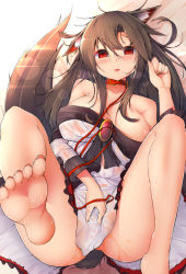 Rule 34 | 1girl, animal ears, bare shoulders, barefoot, blush, breasts, brooch, brown hair, cleavage, collar, collarbone, dress, fang, feet, foot focus, hair between eyes, highres, hira (nanika no heya), imaizumi kagerou, jewelry, large breasts, leash, long hair, looking at viewer, lying, on back, pussy juice, red eyes, soles, solo, tail, toes, touhou, very long hair, wolf ears, wolf tail