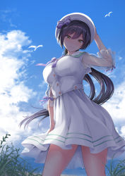 Rule 34 | 1girl, beach, black hair, blush, bow, breasts, closed mouth, day, dress, grass, hair bow, hand on headwear, hat, highres, idolmaster, idolmaster shiny colors, large breasts, long dress, long hair, looking at viewer, looking down, ocean, oonaka ito, outdoors, ponytail, sailor collar, sailor dress, sailor hat, see-through, see-through sleeves, shirase sakuya, smile, solo, very long hair, white dress, white hat, yellow eyes