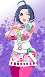 Rule 34 | 1girl, absurdres, antenna hair, belt, blue hair, breasts, double v, dress, gloves, highres, idolmaster, large breasts, looking at viewer, miura azusa, one eye closed, open mouth, pantyhose, pink pantyhose, print dress, purple background, red eyes, short hair, single glove, sleeveless, sleeveless dress, solo, supudere (doki2sdale), v, white belt, white gloves