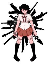 1girl absurdres black_footwear black_hair black_thighhighs breast_pocket brown_skirt closed_mouth combat_knife commentary danganronpa danganronpa/zero danganronpa_(series) dual_wielding english_commentary freckles full_body gun hand_tattoo highres holding holding_knife ikusaba_mukuro knife pocket princescar shirt short_hair simple_background skirt solo standing tattoo thighhighs v-shaped_eyebrows weapon white_background white_shirt