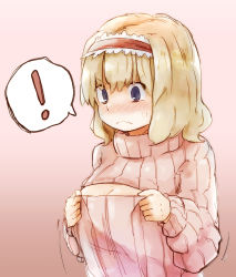 Rule 34 | !, 1girl, alice margatroid, annoyed, blonde hair, blush, breasts, cleavage, clothes tug, covering nipples, covering privates, frown, hairband, highres, lolita hairband, meme attire, open-chest sweater, ribbed sweater, short hair, solo, spoken exclamation mark, sweatdrop, sweater, sweater tug, touhou, waira