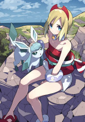 Rule 34 | 1girl, absurdres, blonde hair, creatures (company), eyebrow cut, forked tail, game freak, gen 4 pokemon, glaceon, highres, irida (pokemon), jewelry, knees, neck ring, nintendo, pokemon, pokemon (creature), pokemon legends: arceus, red headwear, red shirt, shirt, short hair, shorts, solo, strapless, strapless shirt, tail, tamago sando, white shorts