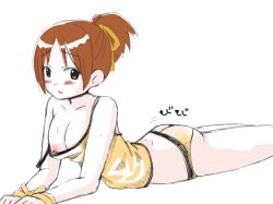 Rule 34 | 1girl, ass, bad id, bad pixiv id, bdsm, blush, bondage, bound, bound wrists, breast slip, breasts, brown eyes, brown hair, camisole, cleavage, hirasawa ui, k-on!, large breasts, lying, nipple slip, nipples, no bra, no pants, on stomach, one breast out, panties, ponytail, simple background, solo, strap slip, underwear, underwear only, yukita chika