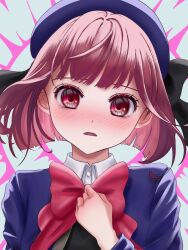 Rule 34 | 1girl, absurdres, arima kana, bemcco, beret, black bow, blue hat, blue jacket, blush, bob cut, bow, bowtie, collared shirt, commentary, floating hair, hand on own chest, hat, hat bow, highres, inverted bob, jacket, long sleeves, looking at viewer, medium hair, nose blush, oshi no ko, parted lips, red bow, red bowtie, red eyes, school uniform, shirt, solo, upper body, white shirt, youtou high school uniform