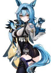 Rule 34 | 1girl, absurdres, animal ears, ass, black footwear, black hairband, black leotard, black thighhighs, blue gloves, blue hair, blue necktie, boots, breasts, center-flap bangs, chest harness, commentary request, cowboy shot, double-parted bangs, embarrassed, eula (genshin impact), from side, genshin impact, gloves, hair between eyes, hairband, harness, highres, horse ears, horse girl, horse pose, horse tail, leotard, leotard under clothes, looking at viewer, medium breasts, medium hair, necktie, okitsuma, shirt, simple background, solo, tail, thigh boots, thighhighs, tight clothes, twisted torso, white background, white shirt, wide sleeves, yellow eyes