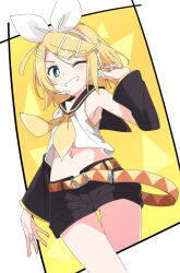 Rule 34 | 1girl, belt, black sailor collar, black shorts, black sleeves, blonde hair, blush, clenched teeth, detached sleeves, green eyes, hairband, headset, ixy, kagamine rin, looking at viewer, midriff, navel, neckerchief, one eye closed, orange belt, sailor collar, short hair, shorts, smile, solo, teeth, thighs, two-tone background, vocaloid, white background, white hairband, yellow background, yellow neckerchief