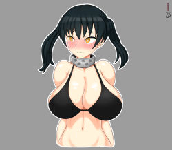 Rule 34 | 1girl, absurdres, alternate breast size, artist name, bikini, black bikini, black hair, blush, breasts, cleavage, collar, collarbone, embarrassed, en&#039;en no shouboutai, full-face blush, grey background, highres, huge breasts, large breasts, looking to the side, navel, redshoot, shiny skin, solo, swimsuit, tamaki kotatsu, twintails, upper body, yellow eyes