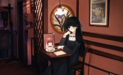 Rule 34 | 1girl, antique phone, black dress, black eyes, black hair, blue ribbon, blush, ceiling light, cup, door, dot nose, dress, feet out of frame, floor lamp, hair ribbon, highres, holding, holding pencil, juliet sleeves, long dress, long sleeves, looking at viewer, menu, original, papers, parted lips, pencil, picture frame, postbox (outgoing mail), puffy sleeves, reguai623, ribbon, saucer, sitting, solo, spoon, table, tea, teacup, teeth, wooden chair, wooden table