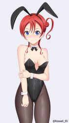 Rule 34 | 1girl, absurdres, areola slip, artist name, bare shoulders, blue eyes, blush, breasts, closed mouth, female focus, hair bun, highres, love live!, love live! superstar!!, medium breasts, no bra, rabbit ears, red hair, roswell ss, short hair, slit pupils, solo, standing, yoneme mei