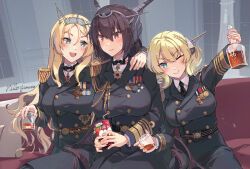 Rule 34 | 3girls, alcohol, alternate costume, arm up, artist name, black bow, black jacket, black necktie, black pants, blonde hair, blue eyes, blush, bow, braid, breasts, brown hair, buttons, closed mouth, collared shirt, colorado (kancolle), commentary request, couch, cup, double-breasted, epaulettes, headgear, highres, himeyamato, holding, holding cup, jacket, kantai collection, large breasts, long hair, medal, military uniform, mixed-language commentary, multiple girls, nagato (kancolle), necktie, nelson (kancolle), pants, red hair, shirt, short hair, smile, teeth, uniform, upper teeth only, whiskey, white shirt