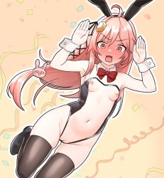 Rule 34 | 1girl, ahoge, alternate costume, animal ears, black hairband, black thighhighs, bow, bowtie, breasts, cleft of venus, covered navel, crescent, crescent hair ornament, fake animal ears, furaggu (frag 0416), hair ornament, hairband, highleg, highleg leotard, highres, kantai collection, leotard, long hair, low-tied long hair, meme attire, nipples, nontraditional playboy bunny, pink hair, pussy, rabbit ears, rabbit hair ornament, red bow, red bowtie, red eyes, school uniform, see-through clothes, see-through leotard, serafuku, small breasts, solo, strapless, strapless leotard, thighhighs, traditional bowtie, translucent bunnysuit, uzuki (kancolle), very long hair