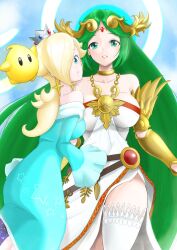 Rule 34 | 2girls, a3 k306021, ancient greek clothes, armlet, bare shoulders, blonde hair, blue dress, blue eyes, breasts, chiton, clothes lift, collarbone, crown, dress, dress lift, earrings, forehead jewel, green eyes, green hair, hair over one eye, highres, jewelry, kid icarus, large breasts, laurel crown, long hair, long sleeves, luma (mario), mario (series), medium breasts, multiple girls, nintendo, off-shoulder dress, off shoulder, palutena, parted bangs, rosalina, side slit, sideboob, single thighhigh, star (symbol), star earrings, strapless, strapless dress, super smash bros., thighhighs, vambraces, very long hair, white dress, white thighhighs