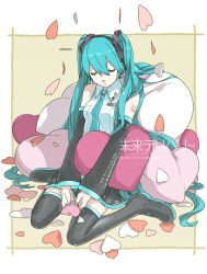 Rule 34 | 1girl, aqua hair, boots, detached sleeves, closed eyes, hatsune miku, heart, highres, long hair, mirai delivery, miyama fugin, necktie, sitting, skirt, sleeping, solo, thigh boots, thighhighs, twintails, very long hair, vocaloid, wariza