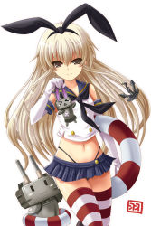 Rule 34 | 10s, 1girl, anchor, anchor hair ornament, blonde hair, brown eyes, elbow gloves, gloves, hair ornament, hairband, haura akitoshi, kantai collection, lifebuoy, long hair, looking at viewer, midriff, navel, personification, rensouhou-chan, shimakaze (kancolle), simple background, smile, solo, striped clothes, striped thighhighs, swim ring, thighhighs, white background