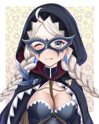 Rule 34 | 1girl, absurdres, ahoge, blue brooch, blue eyes, blue feathers, braid, breasts, cape, chain, cleavage, commission, commissioner upload, crystal earrings, devaniart, earrings, eye mask, feathers, fire emblem, fire emblem fates, fire emblem heroes, gold chain, harness, highres, hood, hood up, hooded cape, jewelry, long hair, looking at viewer, low twin braids, medium breasts, nina (fire emblem), nina (thief) (fire emblem), nintendo, non-web source, o-ring, official alternate costume, one eye closed, parted bangs, tongue, tongue out, turtleneck, twin braids, upper body
