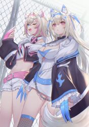 Rule 34 | 2girls, animal ears, belt, black jacket, blonde hair, blue belt, blue eyes, breasts, claw (weapon), cleavage, collar, dog ears, dog tail, dress, fuwawa abyssgard, headphones, headphones around neck, highres, hololive, hololive english, jacket, large breasts, midriff, mococo abyssgard, multicolored hair, multiple girls, navel, one eye closed, pink belt, pink eyes, shikinagi, shorts, siblings, small breasts, spiked collar, spikes, streaked hair, tail, twins, two side up, virtual youtuber, weapon, white dress, white shorts