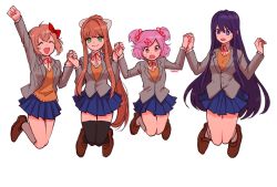 Rule 34 | 4girls, black thighhighs, blue skirt, breasts, brown footwear, brown hair, calf socks, cardigan, clenched hand, closed eyes, collared shirt, doki doki literature club, full body, green eyes, grey jacket, hair between eyes, hair ornament, hair ribbon, hairclip, highres, holding hands, jacket, jumping, knees together feet apart, loafers, long hair, long sleeves, ma2 ereki, monika (doki doki literature club), multiple girls, natsuki (doki doki literature club), neck ribbon, open mouth, orange cardigan, outstretched arm, pink eyes, pink hair, pleated skirt, ponytail, purple eyes, purple hair, red ribbon, ribbon, sayori (doki doki literature club), school uniform, shirt, shoes, short hair, short twintails, sidelocks, skirt, smile, sweat, swept bangs, thighhighs, twintails, w arms, white background, white ribbon, white shirt, yuri (doki doki literature club)