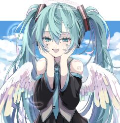 Rule 34 | 1girl, 39, :d, angel wings, aqua eyes, aqua hair, aqua nails, aqua necktie, black skirt, blue sky, cloud, commentary, detached sleeves, fang, halo, hands on own face, hatsune miku, highres, looking at viewer, miku day, musical note, naguno-0713, necktie, number tattoo, open mouth, outdoors, skin fang, skirt, sky, smile, solo, tattoo, twintails, upper body, vocaloid, white wings, wings