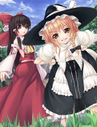 Rule 34 | 2girls, asa (swallowtail), ass, bent over, black hair, blonde hair, bow, braid, breasts, brown eyes, bug, cleavage, curiosities of lotus asia, detached sleeves, female focus, grin, hair bow, hair ribbon, hakurei reimu, hands on own hips, hat, highres, bug, japanese clothes, kirisame marisa, ladybug, long hair, miko, multiple girls, ribbon, small breasts, smile, touhou, witch, witch hat, yellow eyes