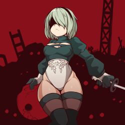 Rule 34 | 1girl, absurdres, black blindfold, black gloves, black hairband, blindfold, breasts, cleavage, cleavage cutout, closed mouth, clothing cutout, gloves, grey hair, hairband, highleg, highleg leotard, highres, hip bones, holding, holding sword, holding weapon, juliet sleeves, katana, left-handed, leotard, long sleeves, machine (nier), medium breasts, mole, mole under mouth, nier:automata, nier (series), puffy sleeves, purple thighhighs, red background, sakumochi (pixiv4431677), short hair, skindentation, solo, standing, sword, thighhighs, thighs, turtleneck, weapon, white leotard, 2b (nier:automata)