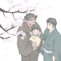 Rule 34 | animal ears, baby, bara, brown fur, brown kimono, cherry blossoms, couple, cow ears, cow horns, facial hair, family, fang, fang out, from above, fugur6 fugur9, furry, furry male, furry with non-furry, goatee, green kimono, hanami, happy, highres, holding baby, horns, huge eyebrows, husband and husband, interspecies, ips cells, japanese clothes, kimono, long sideburns, male focus, minotaur, original, sideburns, smile, standing, thick eyebrows, yaoi
