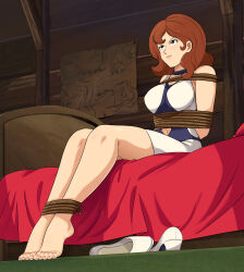 Rule 34 | 1girl, absurdres, bad end, barefoot, bdsm, bondage, bound, bound ankles, bound arms, bound legs, captured, defeat, feet, game over, highres, long hair, lost one zero, lupin iii, mine fujiko, nail polish, toes
